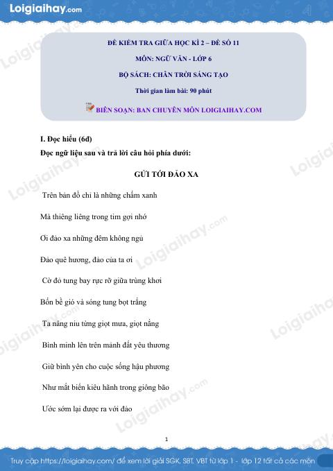 Đề thi giữa kì 2 Văn 6 Chân trời sáng tạo - Đề số 12